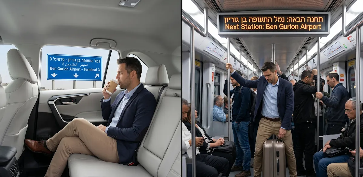 השוואת חוויית נסיעה לנתבג - נוחות במונית פרטית לעומת צפיפות ודוחק בתחבורה ציבורית